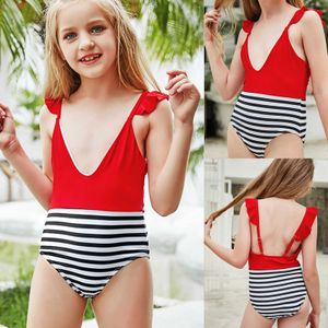 Été Enfants Maillots De Bain Vacances Loisirs Couture Couleur Porter Des Bretelles À Volants Col En V Rouge Rayé Noir Et Blanc Bikini Costume