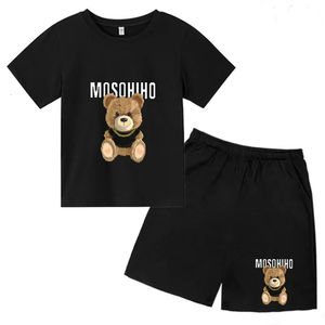 Summer Childrens Age 312 Boys Girl Leisure Short Cound Couc Round Tshirts Set Cotton Toy Bear Brand Brand Imprimer Clothing 240328