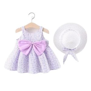 Vêtements d'été bébé fille robes de plage mode décontractée imprimer mignon arc fleur robe de princesse avec chapeau de soleil né ensemble de vêtements 240307