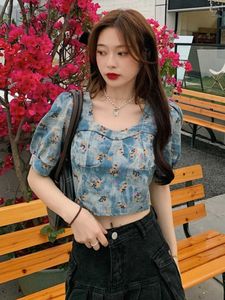 Vêtements d'été Vintage Col Carré À Manches Courtes Floral Denim Blouse Femmes Crop Tops Slim Blusas Mujer Mode Jeans Chemises 210610