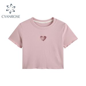 Camiseta de verano estilo universitario para mujer, camiseta Sexy de manga corta con agujeros de Color puro, camisetas cortas ajustadas elásticas para mujer 210515