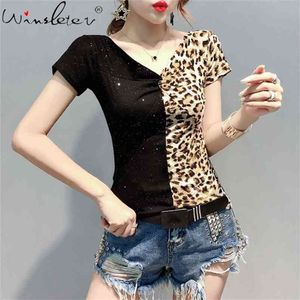 Zomer kleur blok t-shirt vrouwen luipaard patchwork glanzende V-hals korte mouw casual tops tee katoen T02614b 210421