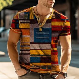 Été Color Block Vintage Henley Chemises Patchwork 3D Imprimer Hommes Casual Boutonné À Manches Courtes T-shirt Homme T-shirts Tops Vêtements 240202