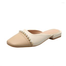 Zomer gekleurde sandalen Baotou lederen halve pantoffels voor dames mode parel vierkante kop veelzijdige Lazy W 101