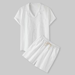 Bouton à manches courtes confortable en été T-shirt de couleur masculine pour hommes Coton et lin set décontracté 240430