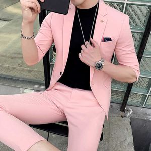 Costume d'été Homme Mode Mens Suit Designers 2019 Pink Costumes Mens Night Club Terno Masculino Smocking Slim Fit Homme 2 PCS X0909
