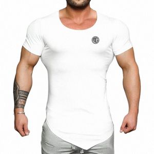 Été Cott respirant à manches courtes Fitn T-shirt Gym Sport Entraînement Muscle Chemises Slim Fit Fi Ourlet irrégulier Tees j31w #