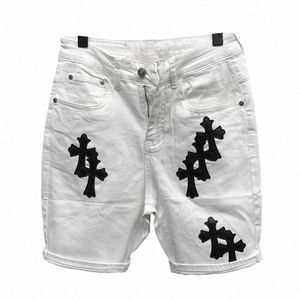 Zomer Cott Elastische Shorts heren Amerikaanse Stijl Straat Fi Merk Geborduurde Witte Denim Shorts Voor Mannen En Vrouwen N8ud #