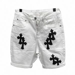 Zomer Cott Elastische Shorts heren Amerikaanse Stijl Straat Fi Merk Geborduurde Witte Denim Shorts Voor Mannen En Vrouwen R5GV #