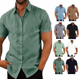 Summer Cott Lin Chemises décontractées Hommes à manches courtes Couleur unie Chemise à col rabattu Hommes Respirant Style de plage Blouse U6Hi #