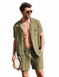 Zomer Cott Linnen Shirt Set Mannen Casual Outdoor 2-delig Pak Andhome Kleding Pyjama Comfy Ademend Strand Korte mouw Sets 3194 #