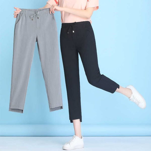 Pantalones bombachos informales de lino y algodón de verano para mujer, pantalones rectos con cordones en la cintura elástica, pantalones capri elásticos de talla grande para mujer Q0801