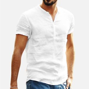 Été coton lin hommes couleur unie à manches courtes style plage chemise col montant Hawaii vacances t-shirt style décontracté 240302