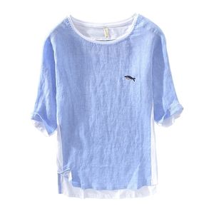 Été coton lin Patchwork t-shirt pour hommes poitrine petite baleine broderie mode à manches courtes t-shirt lâche TeeTops 210716