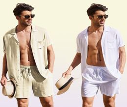 Conjunto de camisa de lino y algodón de verano para hombre, traje informal de 2 piezas para exteriores, ropa para el hogar, pijamas, conjuntos de manga corta para playa cómodos y transpirables 26951938