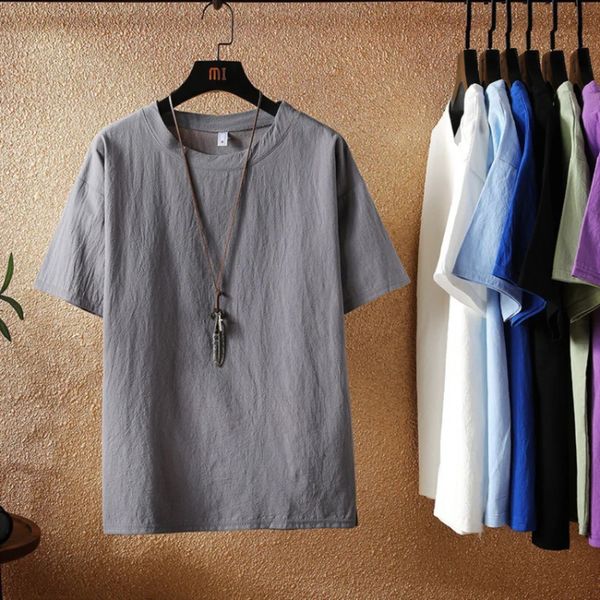 Camisetas de lino y algodón de verano para hombre, camiseta de cuello redondo de Color sólido, ropa de talla grande para hombre, camiseta holgada de manga corta 240102