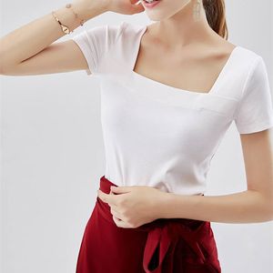 Zomer Katoen vierkante hals t-shirt vrouwen korte mouwen kleding Slanke Sexy tops Rood Wit Zwart retro dames T-shirts 007