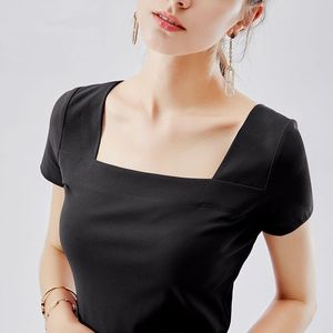 Camiseta de algodón con cuello cuadrado para mujer, ropa de manga corta, tops sexys ajustados, camisetas retro rojas, blancas y negras para mujer 003