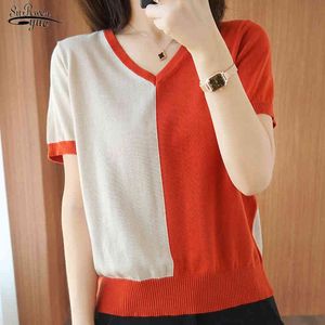 Blusa de manga corta de punto fino de algodón de verano para mujer, camisas holgadas informales coreanas con cuello en V para pulóver, Tops para mujer 9437 50 210508