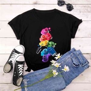 Camiseta de algodón de verano para mujer, camiseta de manga corta con estampado de Color de pintura de uñas en 3D de talla grande 5XL, camisetas informales con cuello redondo 210623