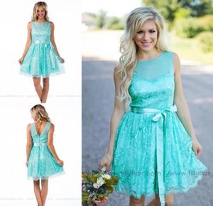 Zomer landelijke stijl mint turquoise pure hals kanten bruidsmeisjekleding rugloze korte lint sjerp party junior bruidsmeisje jurken1800045