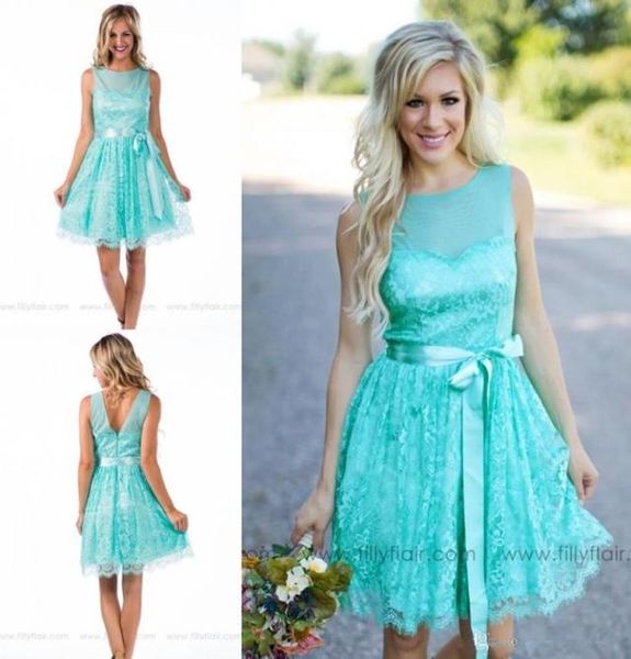 Verano estilo campestre menta turquesa cuello transparente vestidos de dama de honor de encaje sin espalda cinta corta faja fiesta junior vestidos de dama de honor 5667045