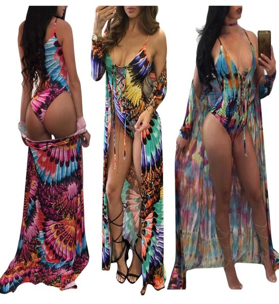 Summer Cover Up dos piezas 2018 Mujeres Sexy Hollow out Beach Wear Bikinis set Traje de baño Tallas grandes Sling traje de baño Playa de manga larga 9451464