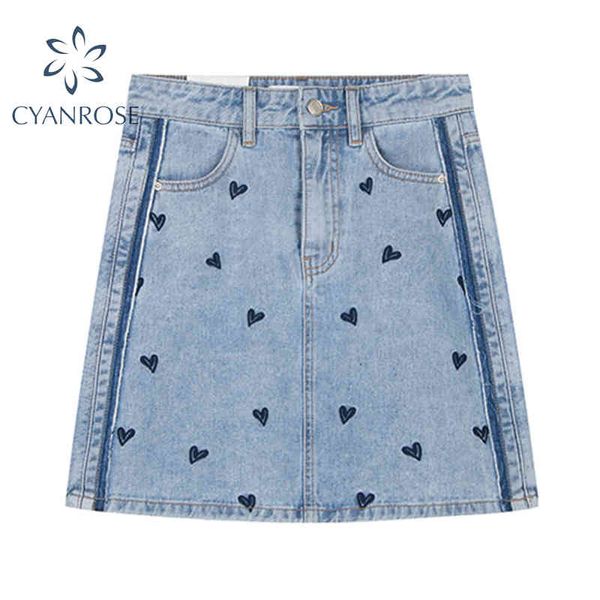 Summer Crop Denim Jupe Love Print Retro A Line Washed Blue Shorts Jean Jupes ou Buttoms Y2K Mode Streetwear Vêtements 210417