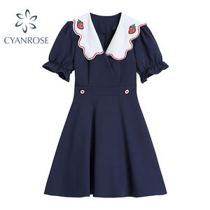 Zomer gewas jurk Peter broek kraag zoet retro mode hoge taille slanke student midi jurken Japanse stijl chic vestidos 210417