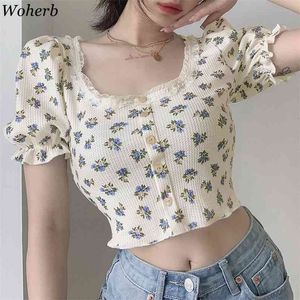 Zomer Crop Top T-shirt Vrouwen Floral Print Sweet Cute Tops Short Puff Sleeve Slanke bodycon t-shirts Koreaanse Chic Blusa 210519