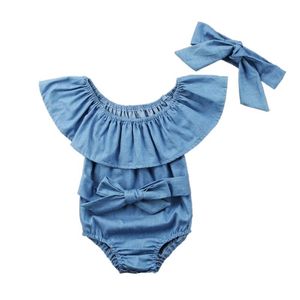 Zomer schattige baby meisjes romper denim rompertjes set mouwloze jumpsuit met hoofdband 0-24M kinderen kinderkleding heet 210315