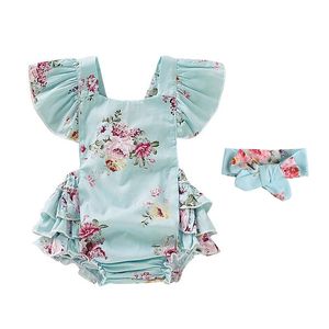 Summer Cute Baby Girls Romper Combinaison Bandeau Floral Tenues Sunsuit Set Nouveau 0-18M Enfants Enfants Vêtements Chaud 210315