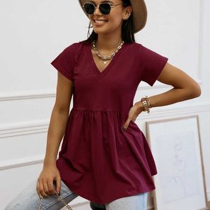 Zomer schattige babydoll tops en bloues vrouwen 2021 flare tuniek losse peplum v hals korte mouw duidelijke vrouw t-shirts t-shirt tees 75 y0629