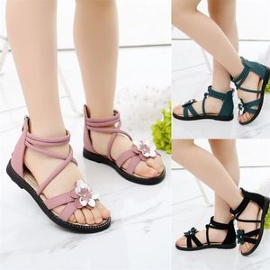 Zomer schattig bloem Romeinse roze groene parel kralen OpenToe Girls Beach Sandalen Kinderschoenen Zip 220607