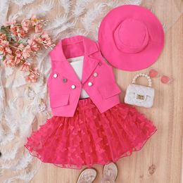 Summer Cute Girls Paillettes Princesse Jupe Revers Twist Bouton Costume Bonbons Papillon Maille Robe Chapeau Enfants Vêtements 4Pcs Tenues 4-7Y 240307