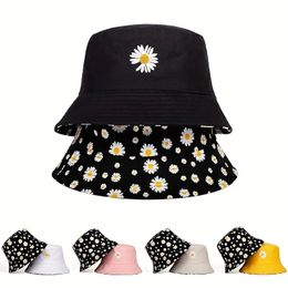 Zomer Daisy DubbleSide Bucket Hats Borduurwerk Hip Hop Panama Bob Caps Folded Beach Sun Fisherman Hat For Ladies 240403
