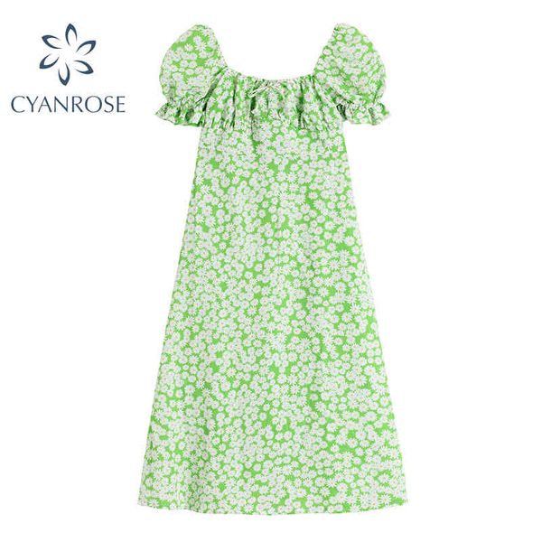 Summer Daisy Print Grass Green Fril Dress Streetwear Beach Square Collar Bow Robes Tide Small Fresh Party Club Holiday Frcoks 210417