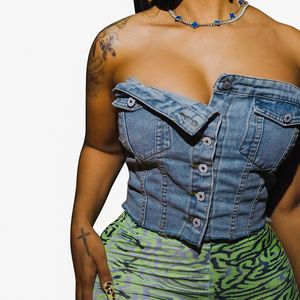 Summer Denim Jeans Women Tops Tees Botones Crop Top Blouse Sexy Off Shoulder Cowboy Tanks Camis Casual sin mangas sin espalda Diseñador Diseñador Color sólido Vests