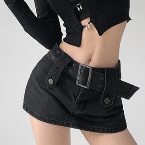 Mini jupe d'été en Denim pour femmes, taille haute, large ceinture, noir, bleu, Style Y2K, délavé, années 2000, 240401