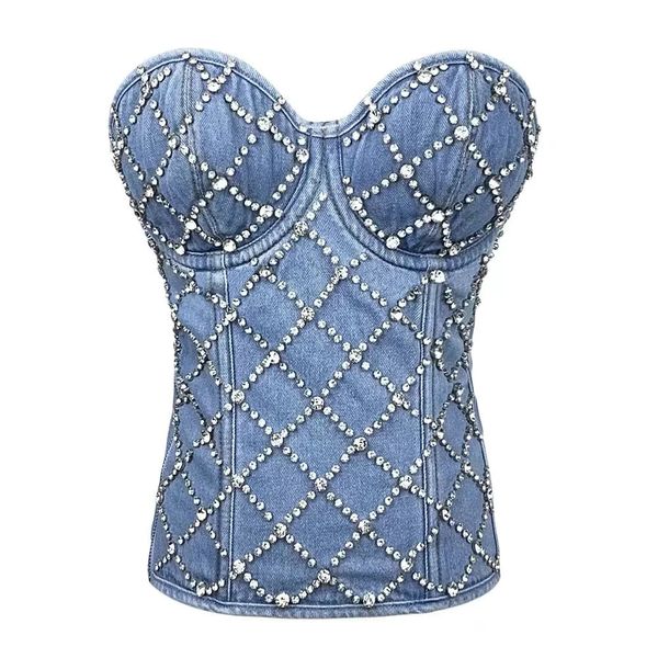 Summer Denim Rignestone Cramed Sexy Woman Top avec des tasses Push Up Camisole Bustier Corset Femme Performance Ropa Mujer Crop Top 240408