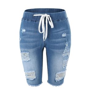 Bermudas rasgadas de mezclilla de verano para mujer, pantalones cortos elásticos hasta la rodilla con cierre de cordón azul, pantalones vaqueros cortos elásticos 210714