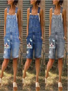 Zomer Denim Korte Jumpsuits Vrouwen Casual Bloemenprint Spaghetti Speelpakje Vrouwelijke Zakken Vintage Jeans Shorts Dames