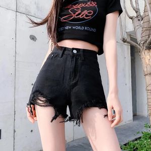 Zomer denim korte Koreaanse mode gescheurd gaten hoge taille jeans vrouwelijke casual straat wide been broek 240508