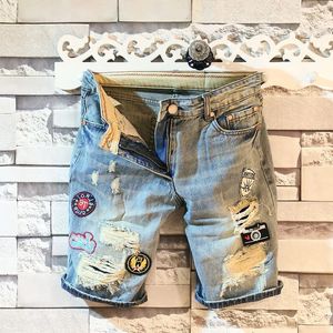 Zomer denim shorts casual korte broek heren gescheurde gaten doen oude borduurwerk patch laagbouw designer denim jeans voor mannen 240327