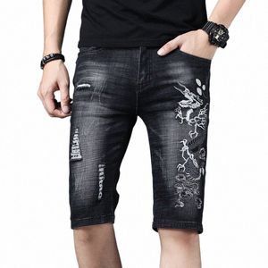 Été Denim Shorts Hommes Fi Ripped Black Jeans Chinois Drag Broderie Slim Fit Droit Longueur Au Genou Pantalon s1VT #