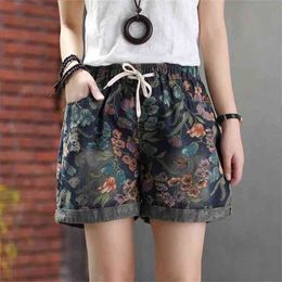 Zomer denim shorts vrouwen print casual gewassen borduurwerk vintage elastische taille drawstring vrouwelijke losse wilde jeans mode 210719