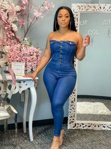 Zomer denim stretch jumpsuit sexy vrouwen strapless bodycon jeans casual overalls rompers 240408