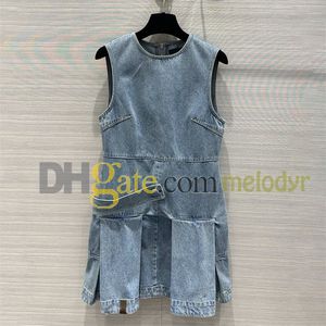 Zomer Denim Vest Jurk Modeontwerper Geplooide Rokken Vrouwen Ademende Blauwe Denim Rokken Mouwloze A-lijn Jurken