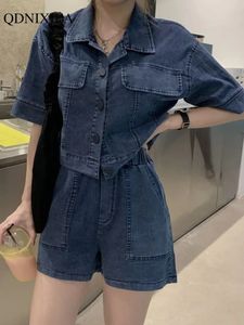 Summer Denim Womens Short Sets Elegant Korean Style Suit avec Shorts 2 pièces tenue Slim Fashion en correspondance 240415