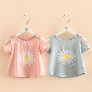 Zomer ontwerp katoen prinses korte mouw o-hals strapless off-shoulder floral schattige kinderen baby meisje T-shirt 210529